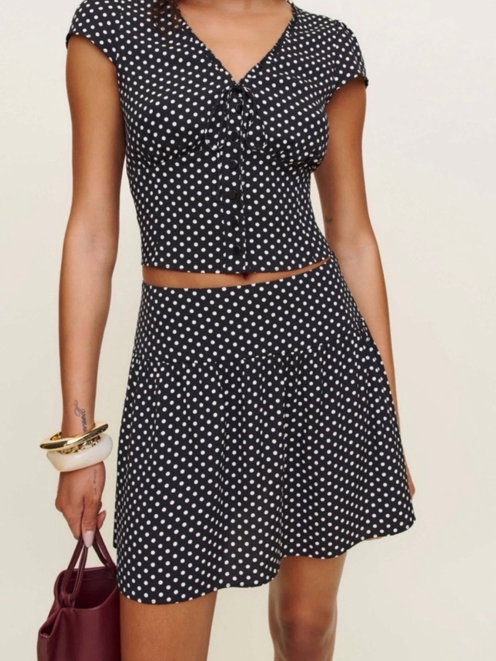 Reformation Skirt Dorothea Caviar Dot Black White Polka Dot Size 4